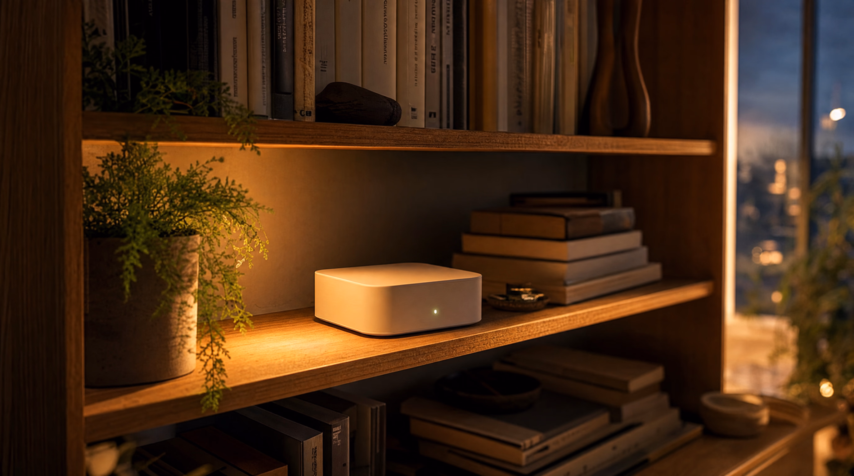 A home router resting on a warm wooden bookshelf at dusk, city lights through the window